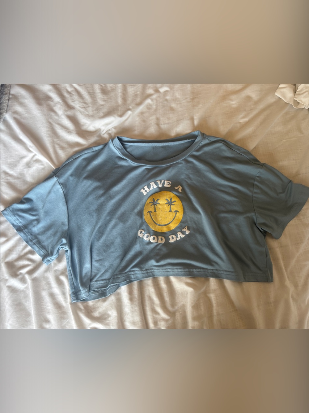 SHEIN Blue Cropped Graphic Tee with Yellow Smiley